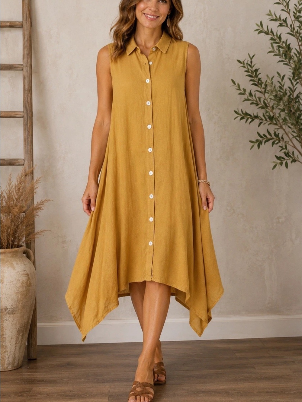 Mlle Gabrielle Midi Dress Asymmetrical Gold Sleeveless Button Shirt